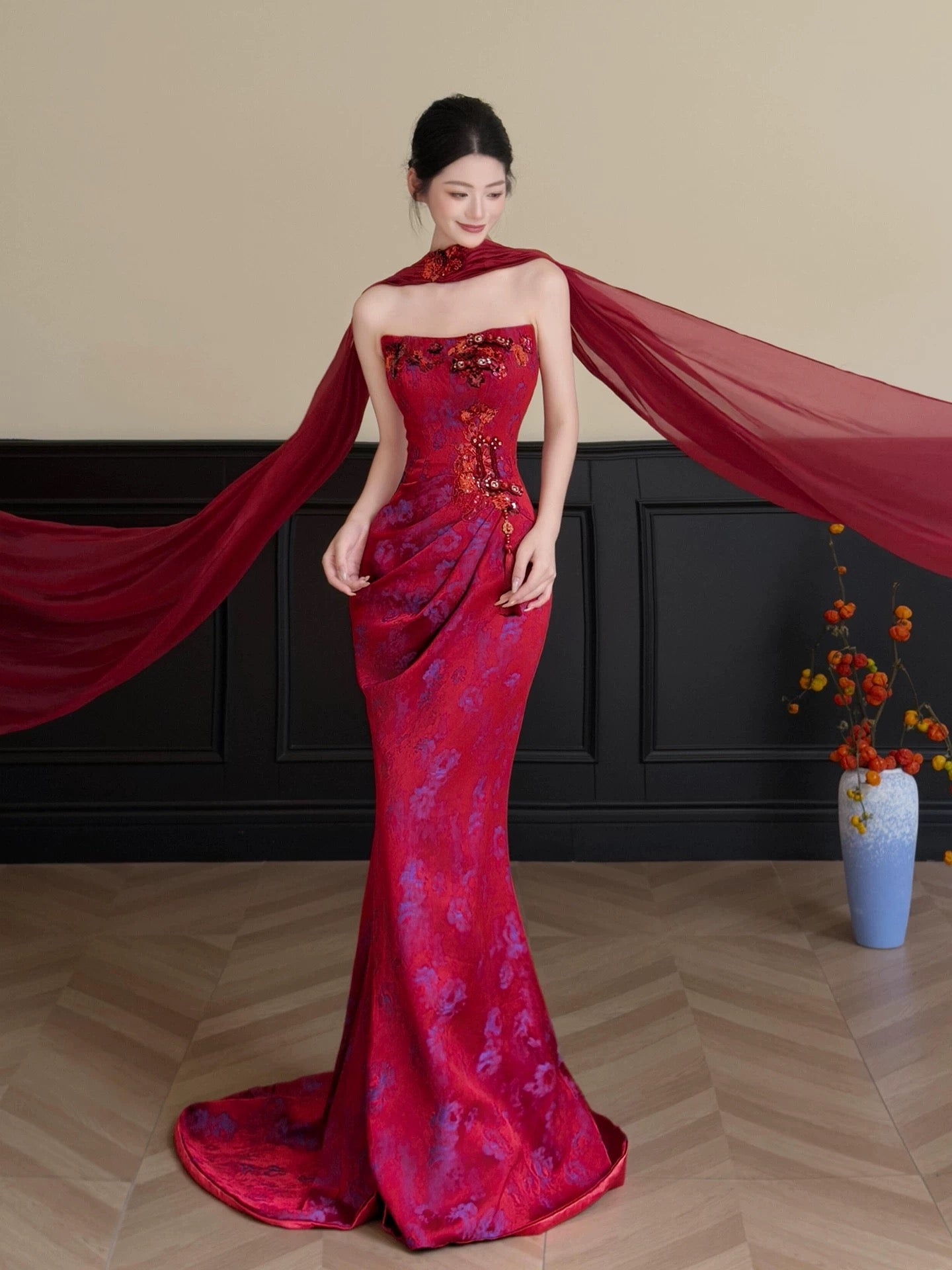 Beautiful Women's Mermaid Strapless Fuchsia Pink Satin Maxi Dress Date Night Evening Outfit Semi Formal Prom Dresses RB5217