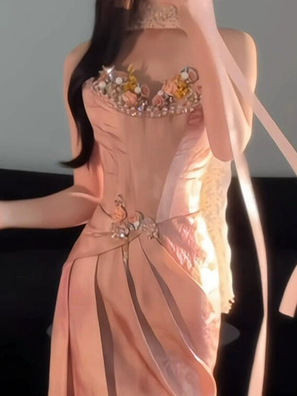 Pretty Women's Mermaid Strapless Pink Satin Maxi Dress Date Night Evening Outfit Semi Formal Prom Dresses RB5228