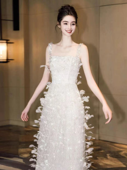 Glitter Women's A Line Square Neck Silver Sequin Maxi Dress Date Night Evening Outfit Semi Formal Prom Dresses RB5229
