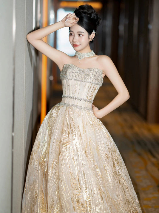 Glittery Prom Dress Ball Gown Strapless Gold Sequin With Beading Floor Length Quinceanera Dresses Party Formal Outfits RB5230