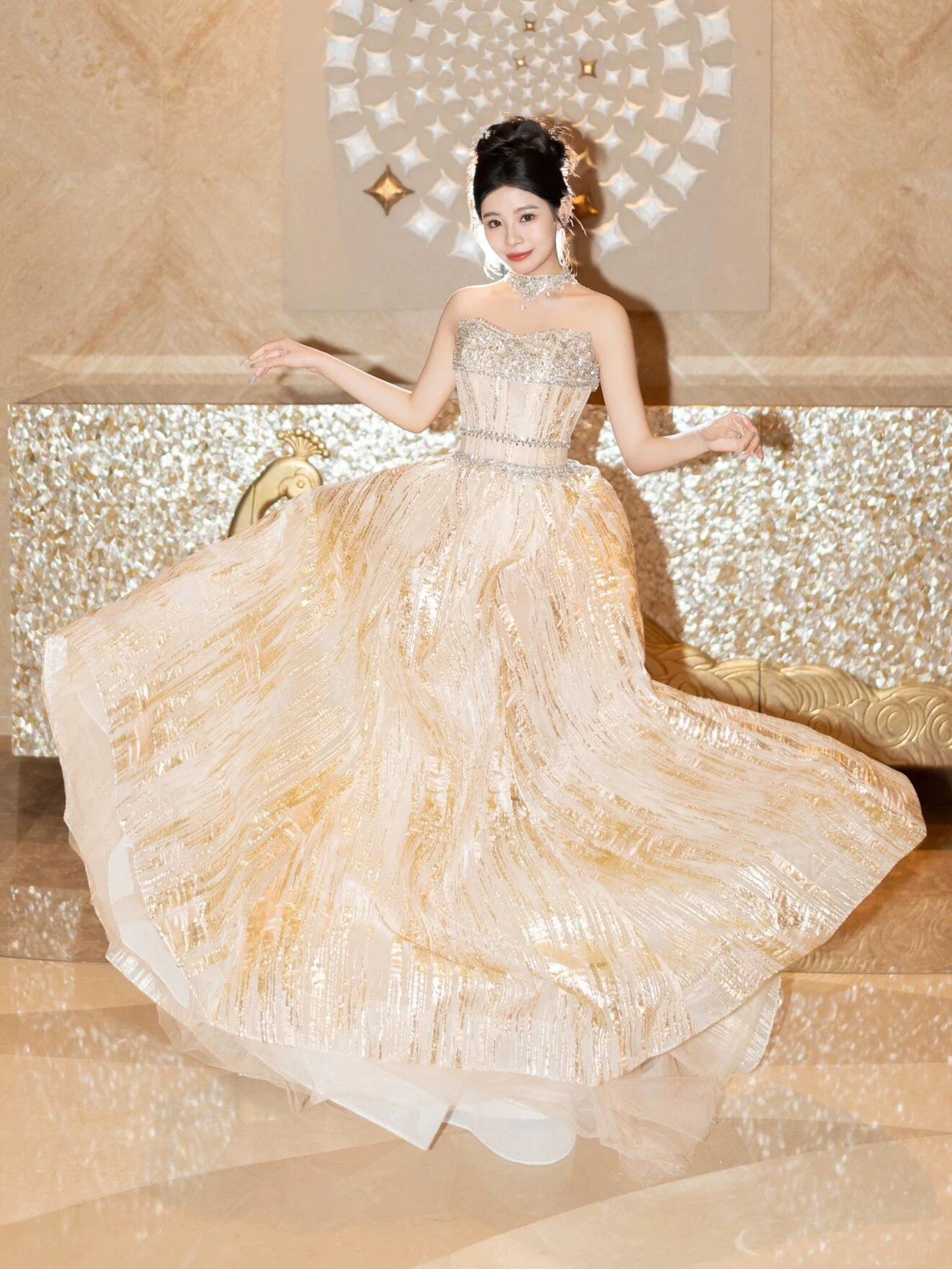Glittery Prom Dress Ball Gown Strapless Gold Sequin With Beading Floor Length Quinceanera Dresses Party Formal Outfits RB5230