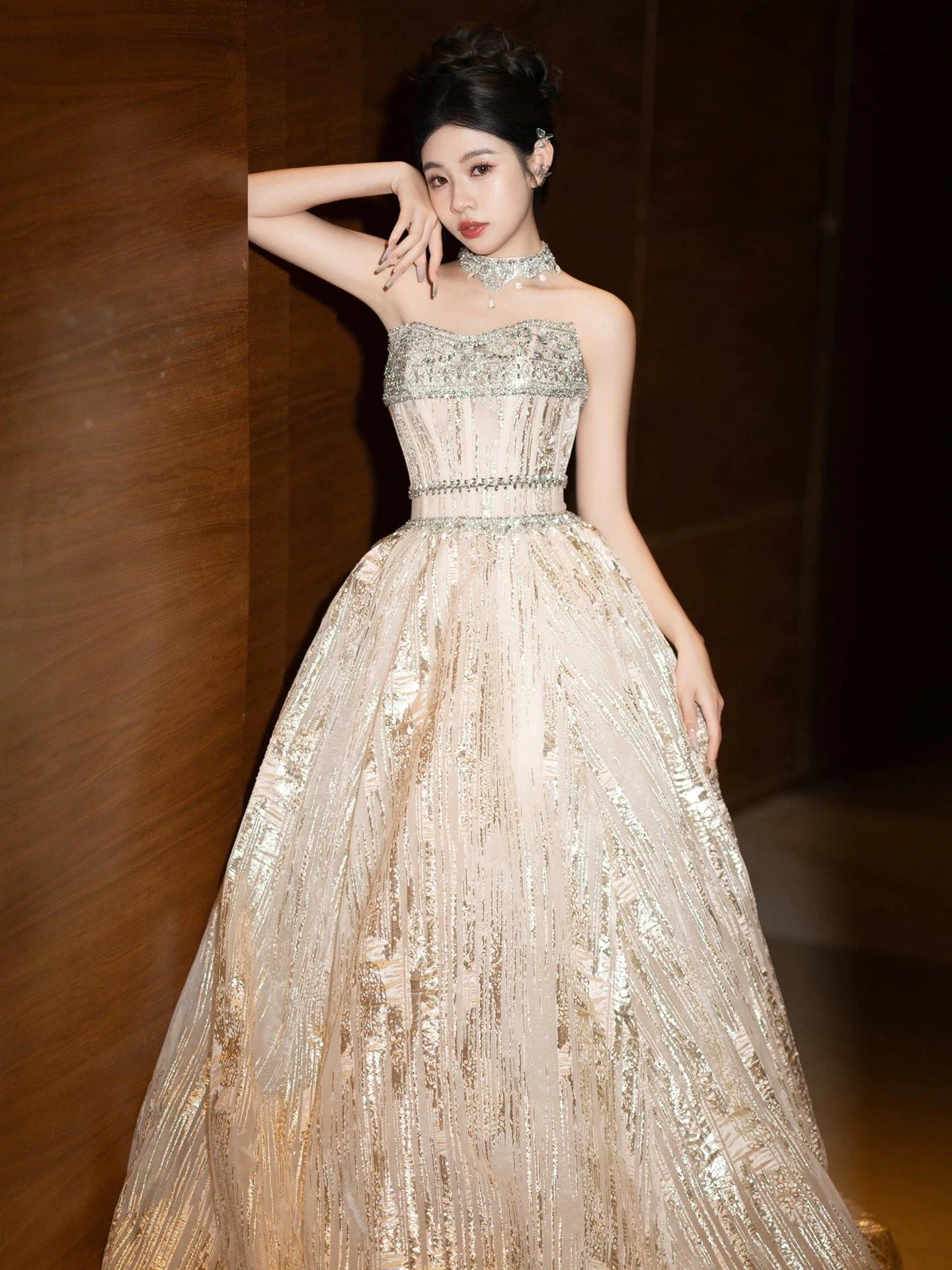 Glittery Prom Dress Ball Gown Strapless Gold Sequin With Beading Floor Length Quinceanera Dresses Party Formal Outfits RB5230