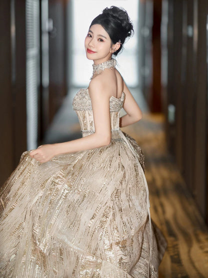 Glittery Prom Dress Ball Gown Strapless Gold Sequin With Beading Floor Length Quinceanera Dresses Party Formal Outfits RB5230