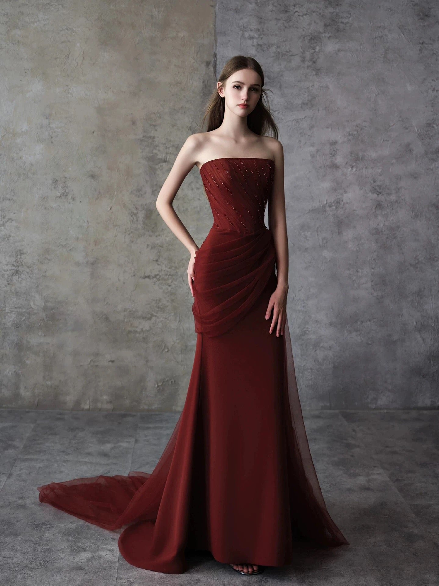 Simple Mermaid Strapless With Beading Burgundy Long Prom Evening Dresses Inspo Party Outfits RB5231