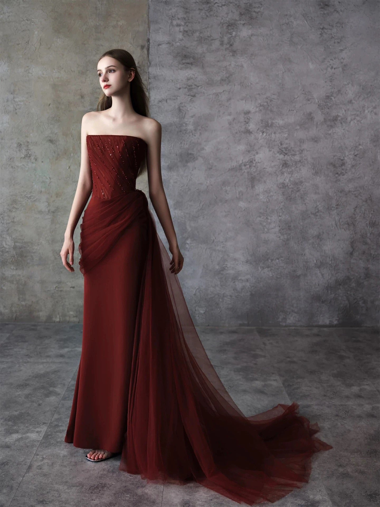 Simple Mermaid Strapless With Beading Burgundy Long Prom Evening Dresses Inspo Party Outfits RB5231