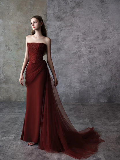 Simple Mermaid Strapless With Beading Burgundy Long Prom Evening Dresses Inspo Party Outfits RB5231