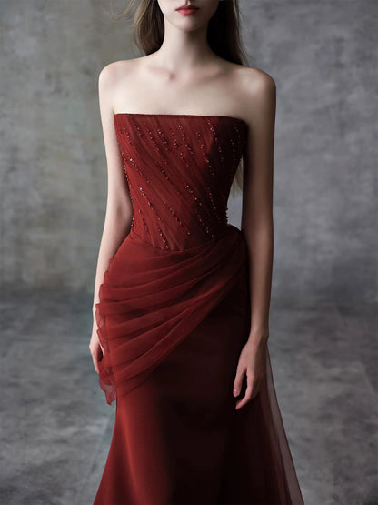 Simple Mermaid Strapless With Beading Burgundy Long Prom Evening Dresses Inspo Party Outfits RB5231