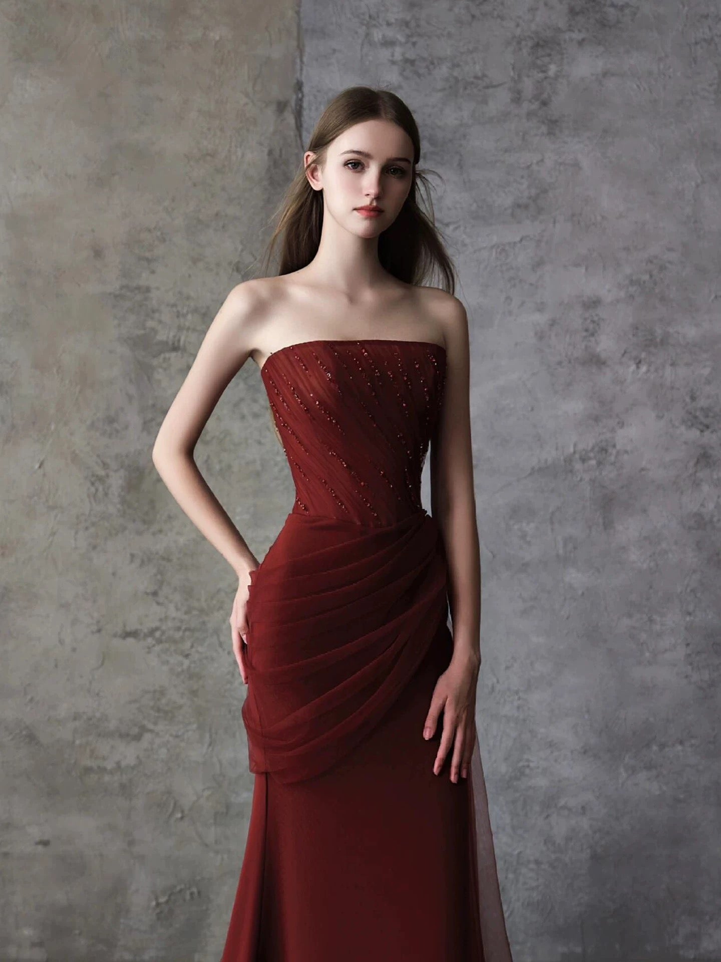 Simple Mermaid Strapless With Beading Burgundy Long Prom Evening Dresses Inspo Party Outfits RB5231