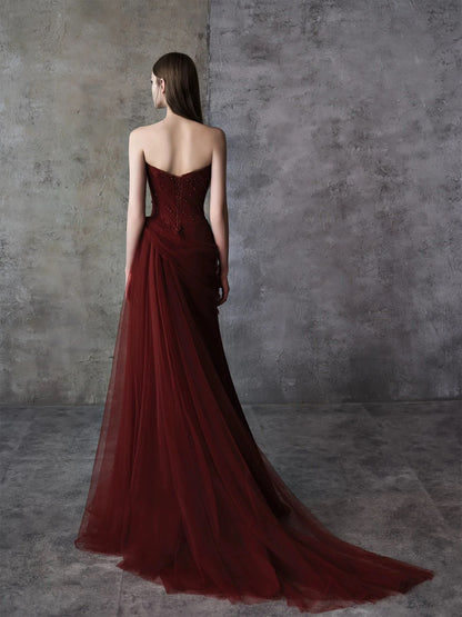 Simple Mermaid Strapless With Beading Burgundy Long Prom Evening Dresses Inspo Party Outfits RB5231