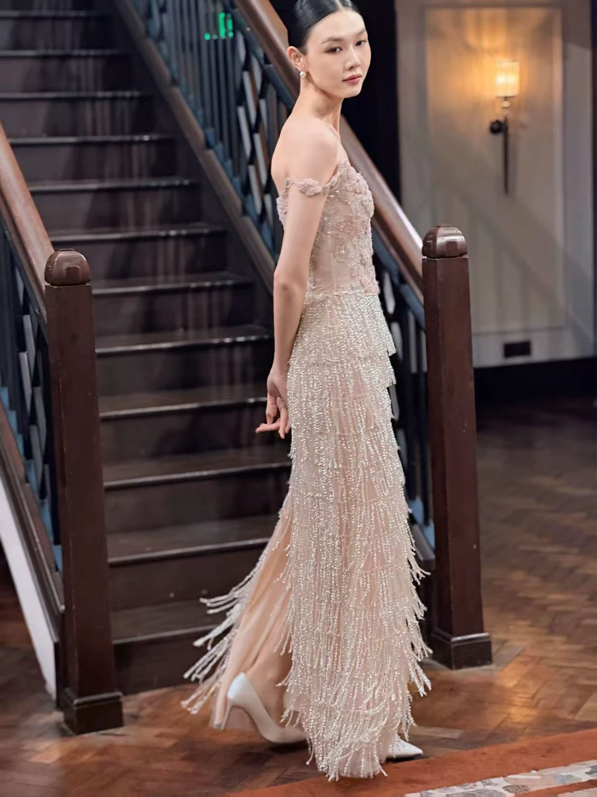 Glitter Women's A Line Straps With Tassels Sequin Maxi Dress Date Night Evening Outfit Semi Formal Prom Dresses RB5232