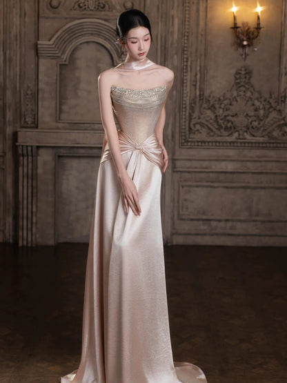 Modest Mermaid Strapless With Beading Pink Long Prom Evening Dresses Inspo Party Outfits RB5234