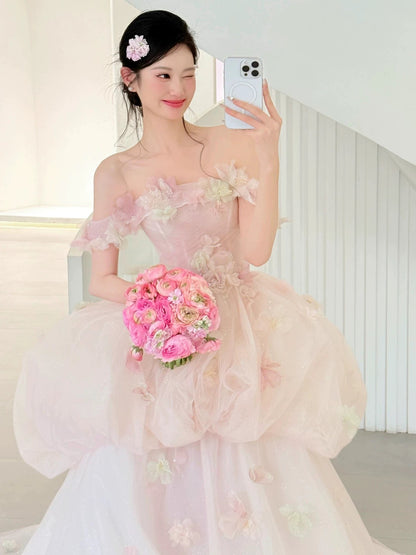 Glittery Prom Dress Ball Gown Strapless Tulle Pink With Flowers Floor Length Quinceanera Dresses Party Formal Outfits RB5236