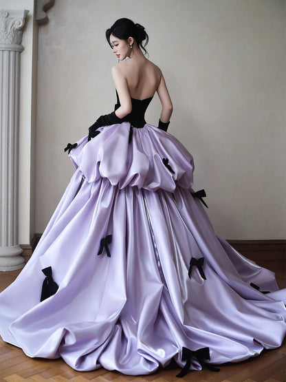 Cute Prom Dress Ball Gown Sweetheart Lilac Satin With Bow Floor Length Quinceanera Dresses Evening Formal Outfits RB5238