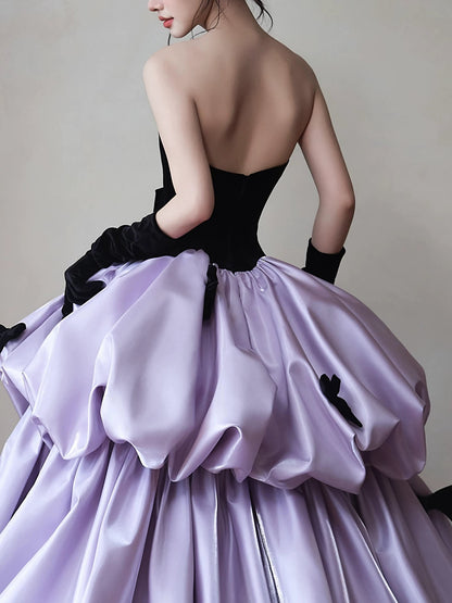 Cute Prom Dress Ball Gown Sweetheart Lilac Satin With Bow Floor Length Quinceanera Dresses Evening Formal Outfits RB5238
