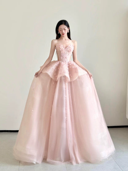 Cute Prom Dress Ball Gown Sweetheart Pink With Flowers Floor Length Quinceanera Dresses Evening Formal Outfits RB5183