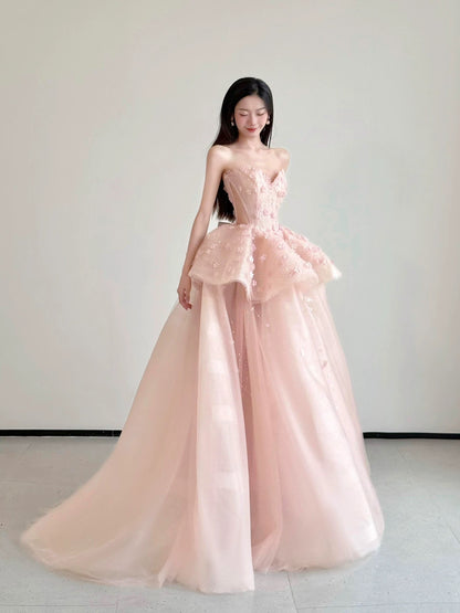 Cute Prom Dress Ball Gown Sweetheart Pink With Flowers Floor Length Quinceanera Dresses Evening Formal Outfits RB5183