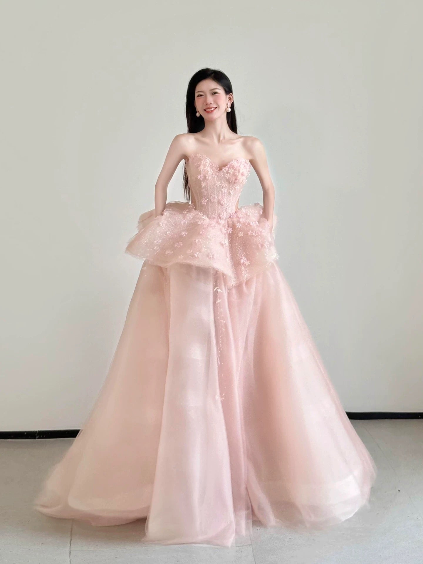 Cute Prom Dress Ball Gown Sweetheart Pink With Flowers Floor Length Quinceanera Dresses Evening Formal Outfits RB5183
