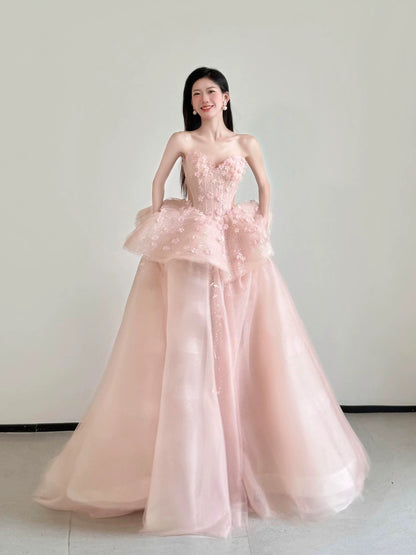 Cute Prom Dress Ball Gown Sweetheart Pink With Flowers Floor Length Quinceanera Dresses Evening Formal Outfits RB5183