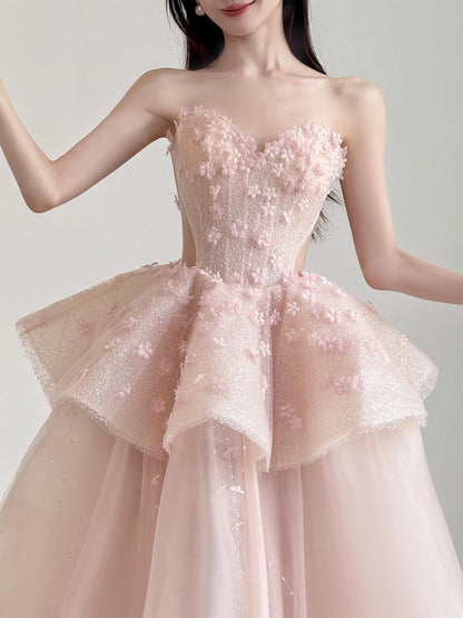 Cute Prom Dress Ball Gown Sweetheart Pink With Flowers Floor Length Quinceanera Dresses Evening Formal Outfits RB5183