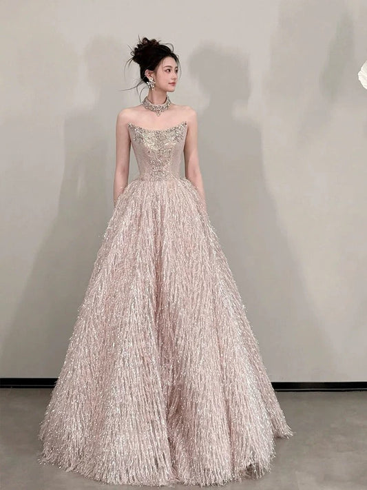 Cute Prom Dress Ball Gown Strapless Sequin Pink With Beading Floor Length Quinceanera Dresses Evening Formal Outfits RB5237