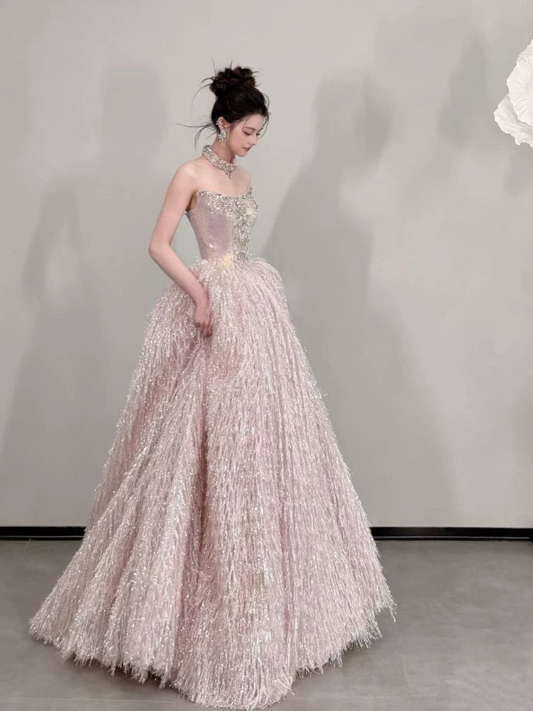 Cute Prom Dress Ball Gown Strapless Sequin Pink With Beading Floor Length Quinceanera Dresses Evening Formal Outfits RB5237