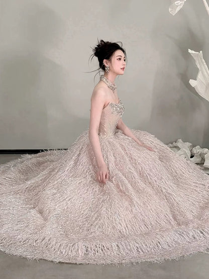Cute Prom Dress Ball Gown Strapless Sequin Pink With Beading Floor Length Quinceanera Dresses Evening Formal Outfits RB5237