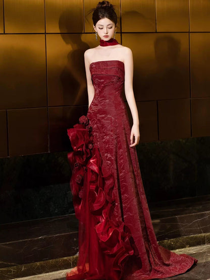 Pretty Women's A Line Strapless Burgundy Maxi Dress Date Night Evening Outfit Semi Formal Prom Dresses RB5225