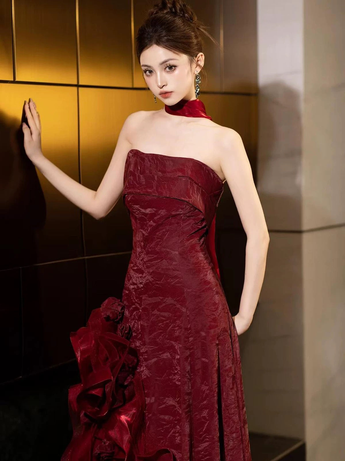 Pretty Women's A Line Strapless Burgundy Maxi Dress Date Night Evening Outfit Semi Formal Prom Dresses RB5225