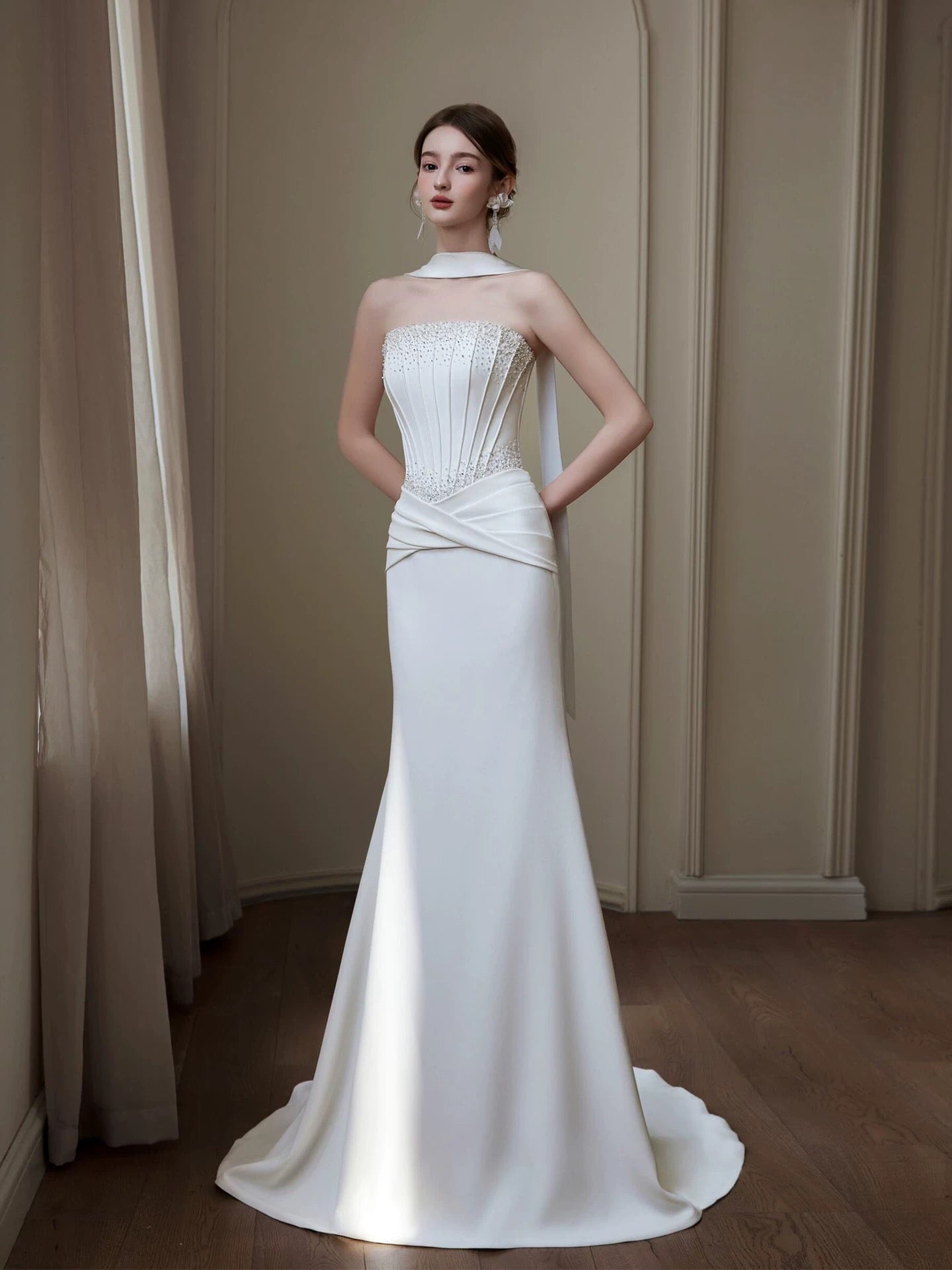 Modest Mermaid Strapless Satin White With Scarf Brides Gown Bridal Dress Long Wedding Dresses RB5219