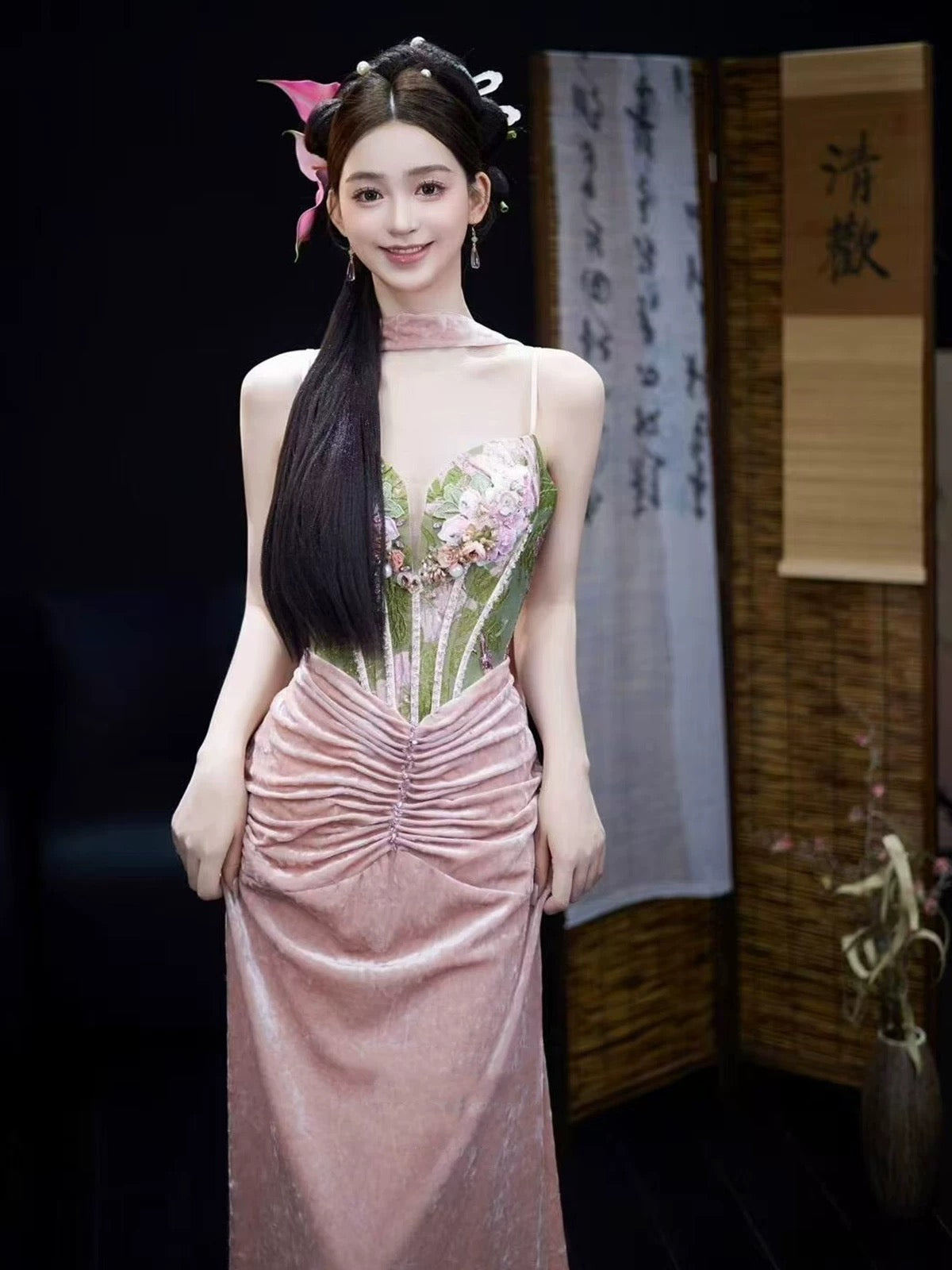 Pretty Women's Mermaid Spaghetti Strap Pink Velvet Maxi Dress Date Night Evening Outfit Semi Formal Prom Dresses RB5242