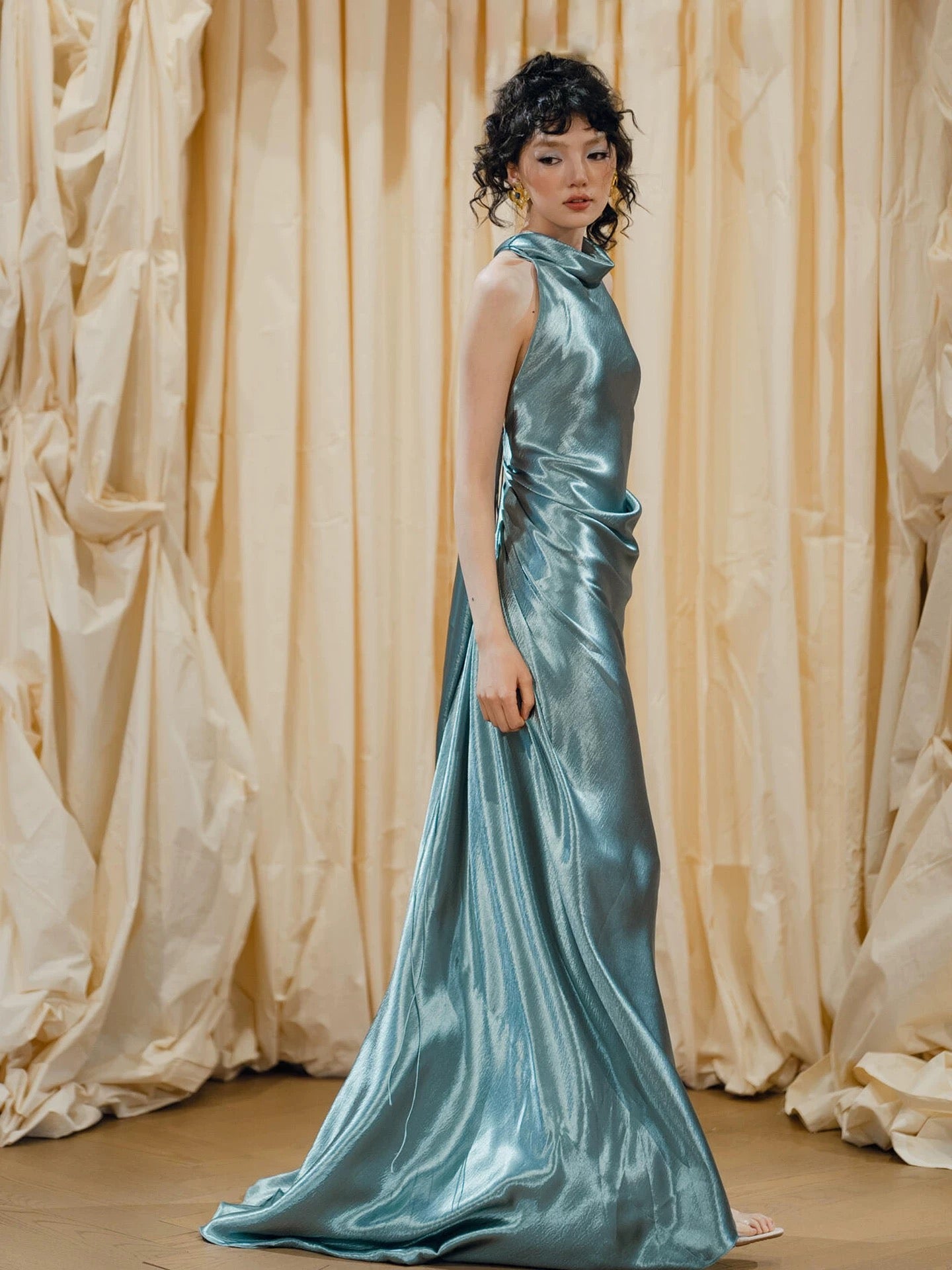 Pretty Women's Mermaid High Neck Blue Satin Maxi Dress Date Night Evening Outfit Semi Formal Prom Dresses RB5243