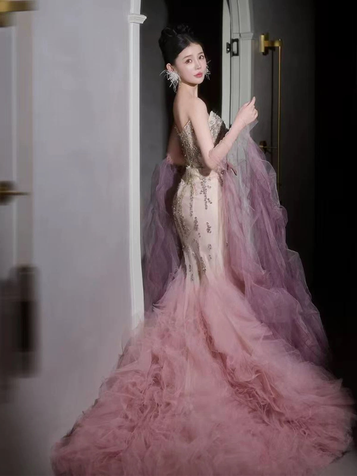 Glitter Women's Mermaid Strapless Pink With Silver Beading Maxi Dress Date Night Evening Outfit Formal Prom Dresses RB5245