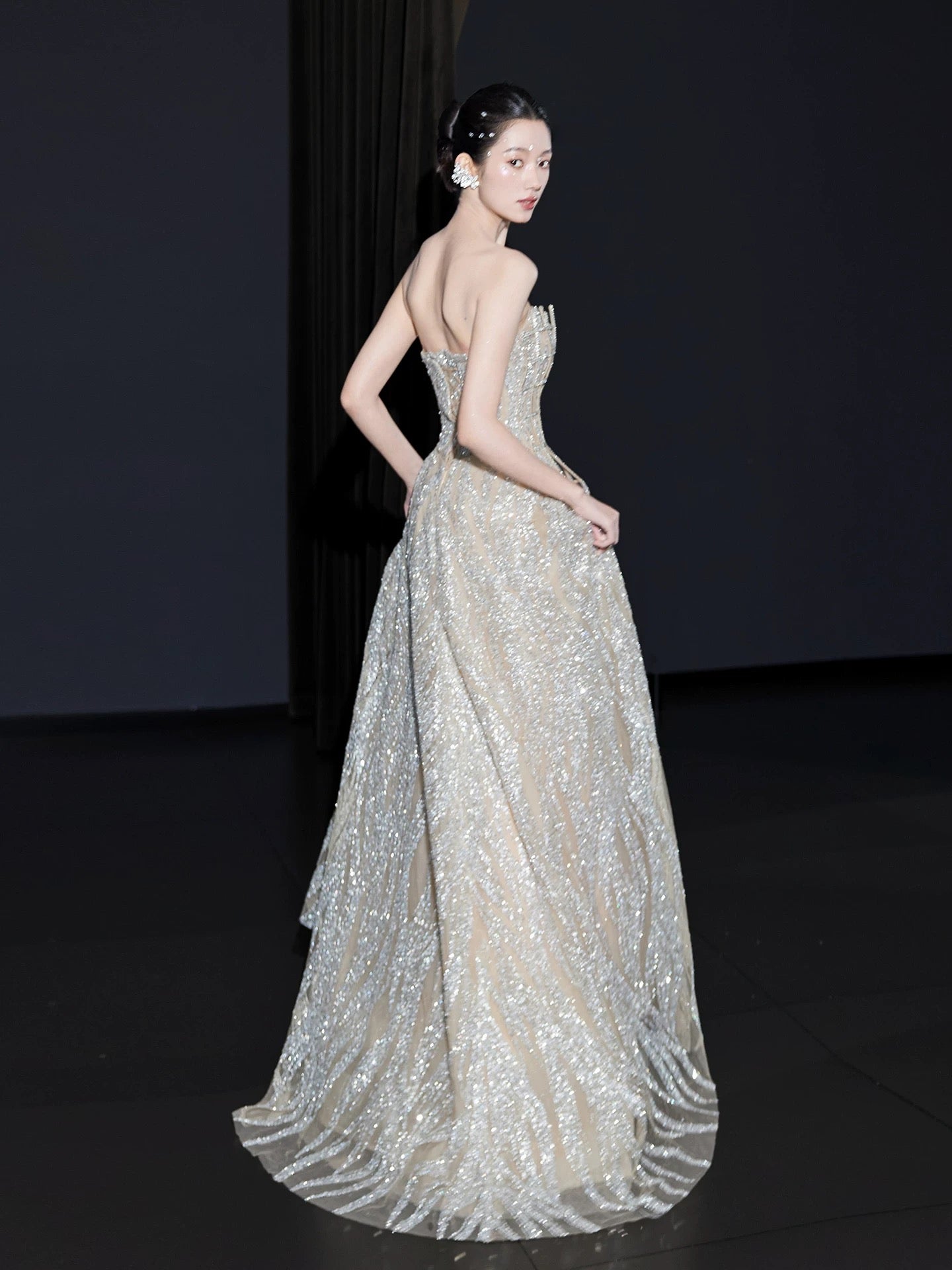 Sparkly Women's A line Strapless Champagne With Silver Beading Maxi Dress Date Night Evening Outfit Formal Prom Dresses RB5246