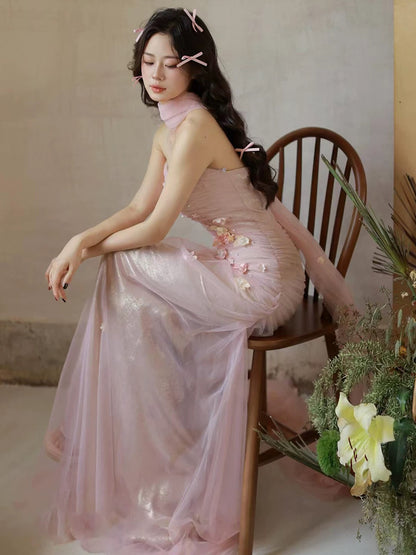 Eclectic Women's Mermaid Strapless Tulle Pink Maxi Dress Date Night Evening Outfits Formal Prom Dresses RB5247