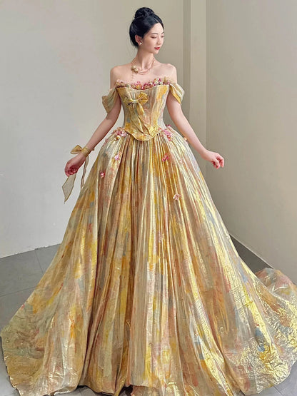 Sweet Prom Dress Ball Gown Off The Shoulder Gold With Flowers Floor Length Quinceanera Dresses Party Formal Outfits RB5248