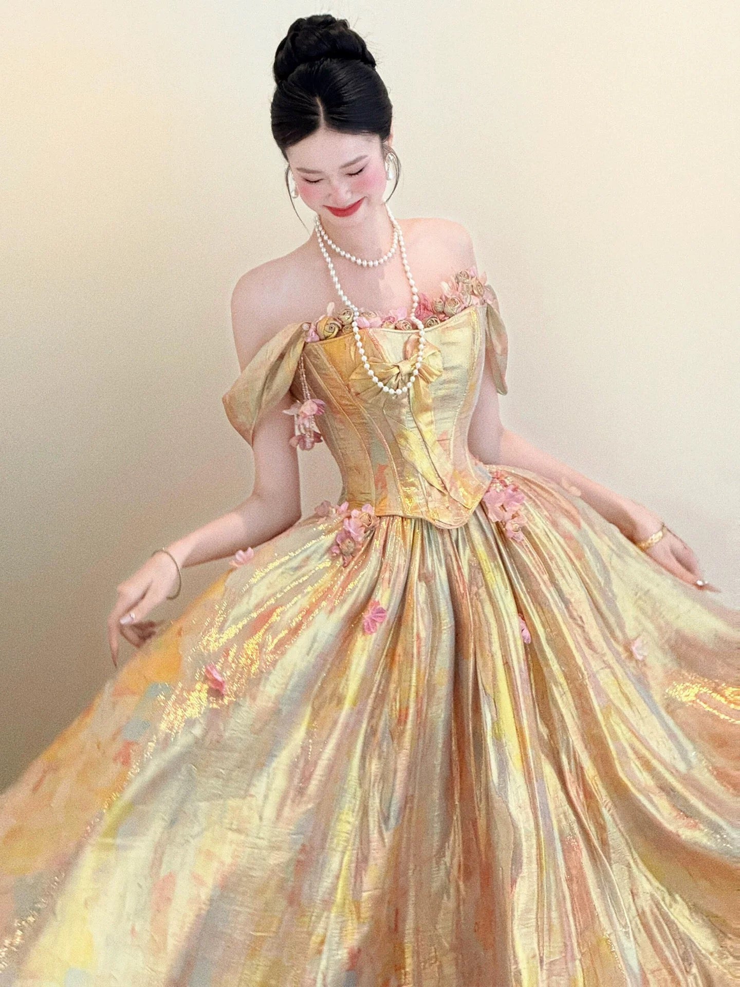 Sweet Prom Dress Ball Gown Off The Shoulder Gold With Flowers Floor Length Quinceanera Dresses Party Formal Outfits RB5248