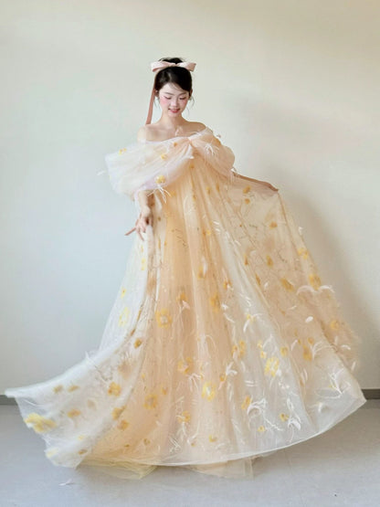 Unique Women's Ball Gown Off The Shoulder Yellow Tulle Maxi Dress Date Night Outfits Semi Formal Prom Dresses RB5184