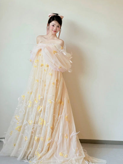 Unique Women's Ball Gown Off The Shoulder Yellow Tulle Maxi Dress Date Night Outfits Semi Formal Prom Dresses RB5184