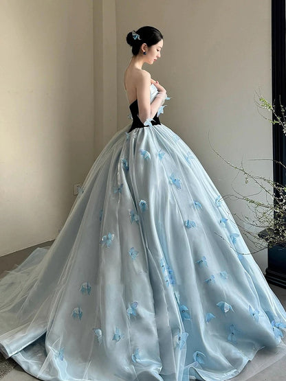 Sweet Prom Dress Ball Gown Sweetheart Blue With Flowers Floor Length Quinceanera Dresses Party Formal Outfits RB5250