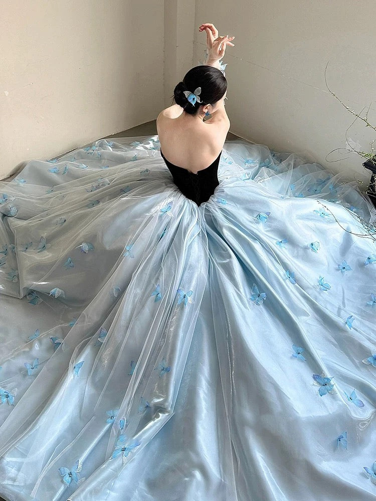 Sweet Prom Dress Ball Gown Sweetheart Blue With Flowers Floor Length Quinceanera Dresses Party Formal Outfits RB5250