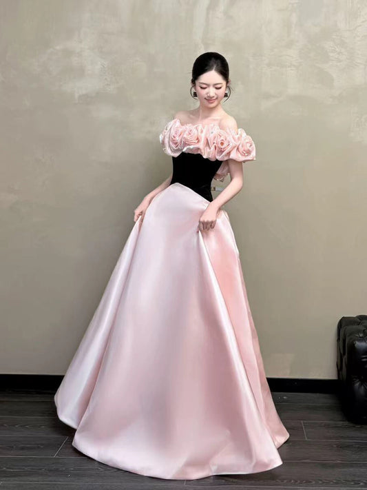 Glam A line Off The Shoulder Pink With Flowers Satin Prom Dresses Evening Long Semi Formal Dress RB3758