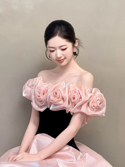 Sweet Prom Dress Ball Gown Off The Shoulder Pink With Flowers Floor Length Quinceanera Dresses Party Formal Outfits RB5251