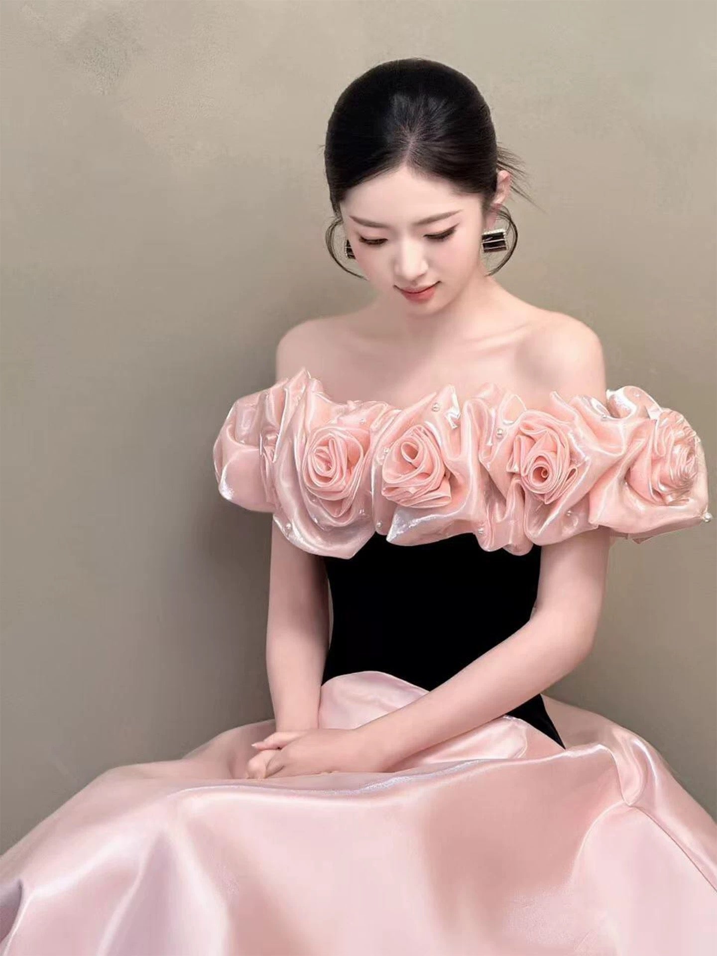 Glam A line Off The Shoulder Pink With Flowers Satin Prom Dresses Evening Long Semi Formal Dress RB3758