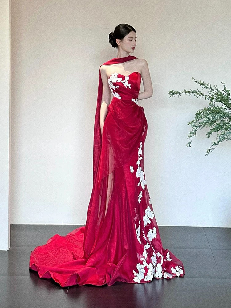 Eclectic Women's Mermaid Sweetheart Red With White Lace Maxi Dress Date Night Evening Outfits Formal Prom Dresses RB5252