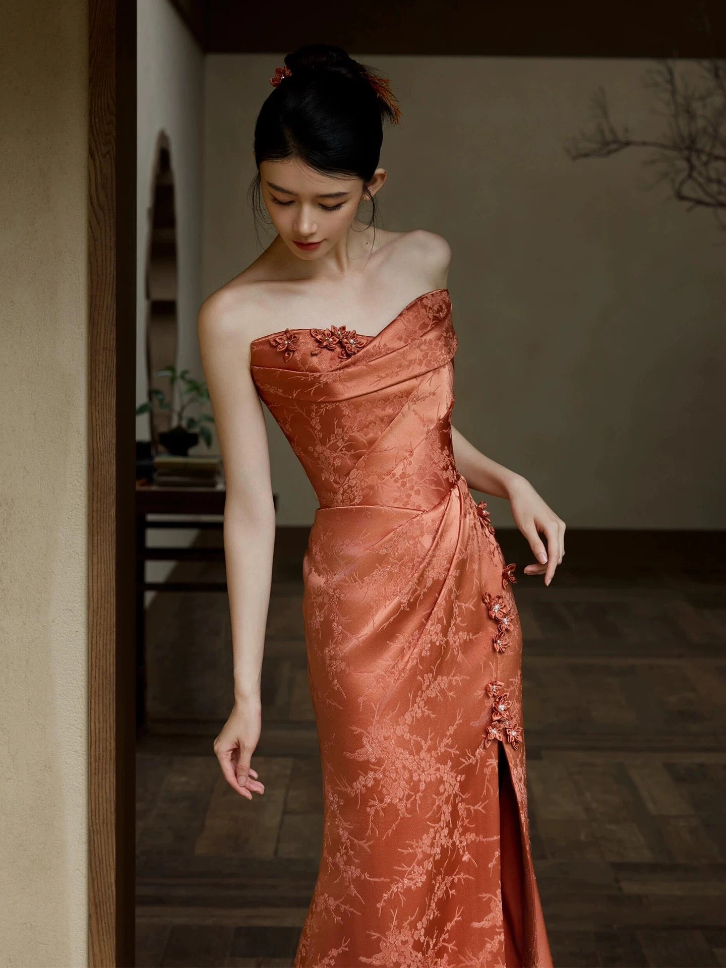 Modest Mermaid Strapless Rust Red Satin Long Evening Dresses Ideas Evening Outfits RB5185