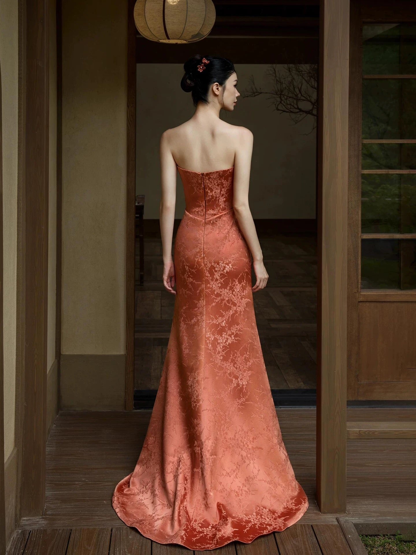 Princess Mermaid Strapless Rust Red With 3D Flowers Slit Date Night Evening Outfit Formal Prom Dresses RB5360