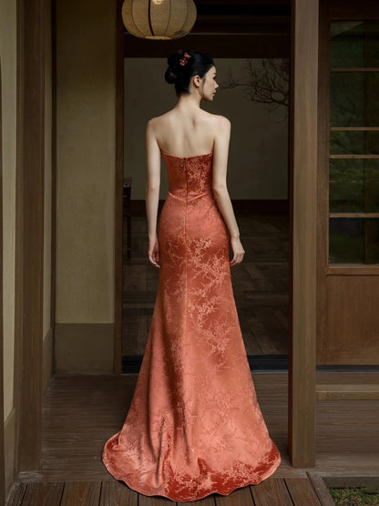 Princess Mermaid Strapless Rust Red With 3D Flowers Slit Date Night Evening Outfit Formal Prom Dresses RB5360