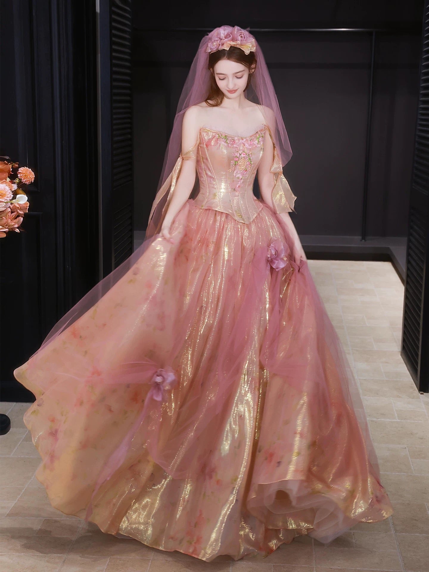 Sweet Prom Dress Ball Gown Sweetheart Pink With Flowers Long Quinceanera Dresses Party Formal Outfits RB5255