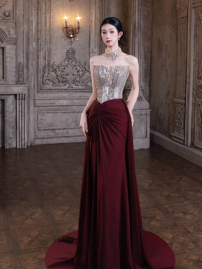 Modest Mermaid Strapless Burgundy Sleeveless With Split Long Evening Dresses Ideas Evening Outfits RB5186