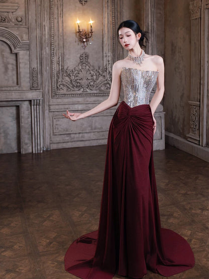 Modest Mermaid Strapless Burgundy Sleeveless With Split Long Evening Dresses Ideas Evening Outfits RB5186